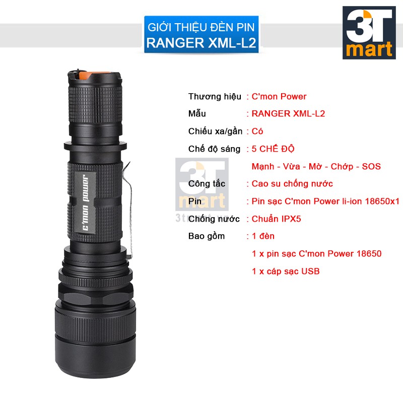 Bộ 1 đèn pin siêu sáng C'mon Power RANGER XML-L2 LED 10W chiếu xa 500m + 1 pin 18650 + 1 sạc USB (VÀNG) | BigBuy360 - bigbuy360.vn