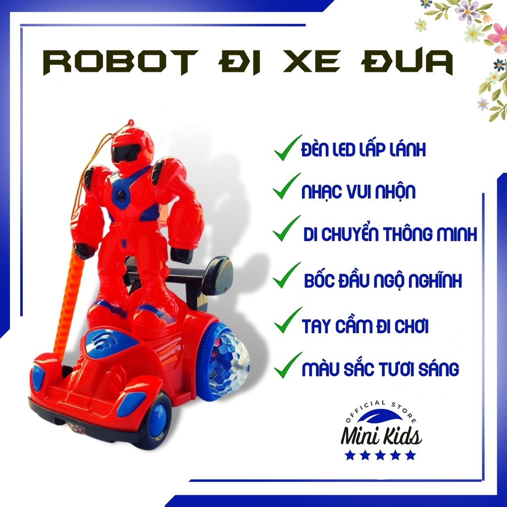 Robot đi xe đua bốc đầu ngộ nghĩnh ( tặng kèm pin ) di chuyển thông minh, ánh sáng đẹp mắt, âm thanh vui nhộn - MiniKids