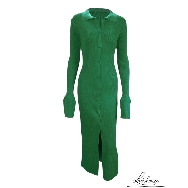 Ld-đầm Cổ Bẻ Một Mảnh Tay Dài Màu Trơn Thời Trang Xuân Thu Dành Cho Nữ Size S/M/L