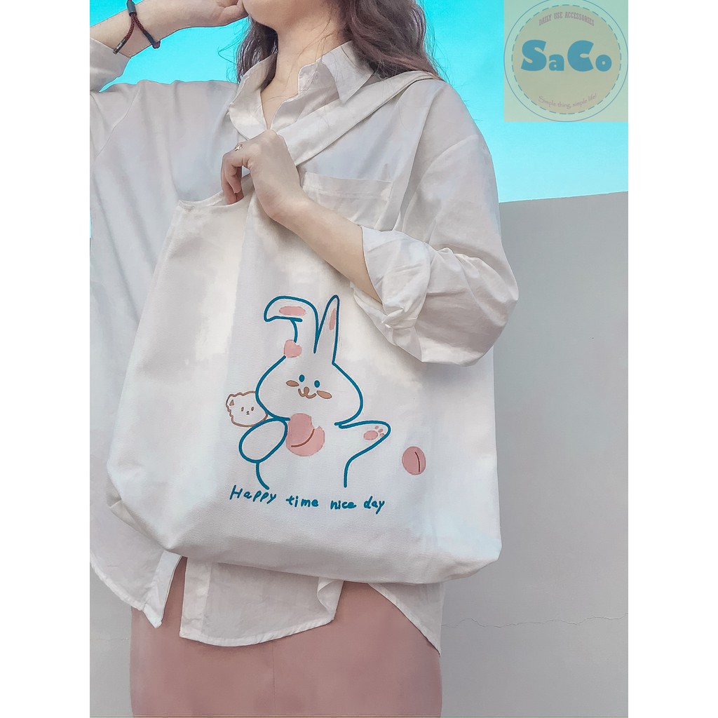 Túi tote/Túi vải đeo vai cho nữ kiểu dáng Hàn Quốc đẹp ,dùng để đi học đi chơi hợp thời trang - PINK RABBIT