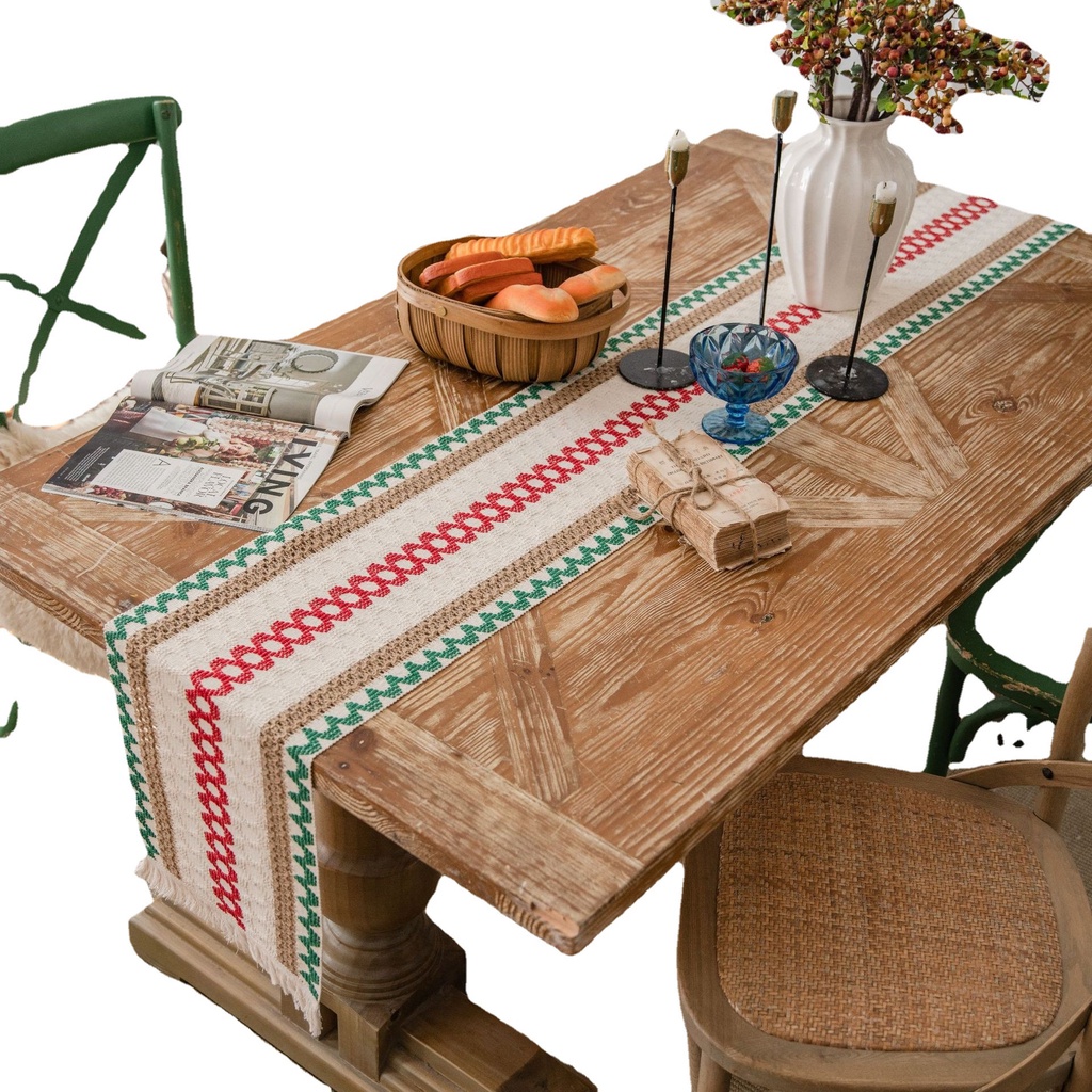 Khăn Trải Bàn Ăn Bằng Cotton Lanh Thêu Họa Tiết Kẻ Sọc Phối Tua Rua Thời Trang Tiện Dụng Cho Nhà Bếp