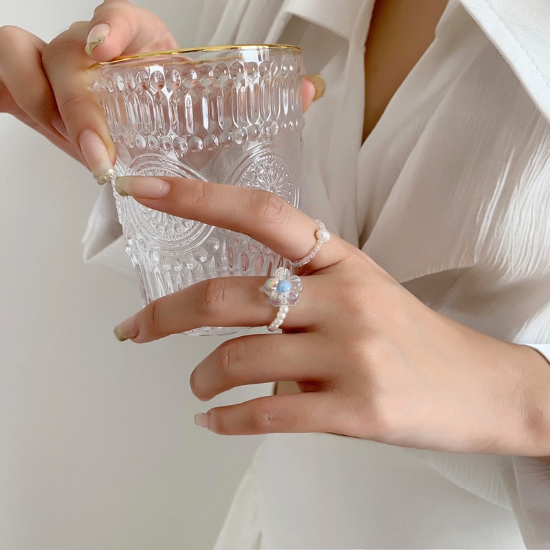 Nhẫn acrylic trắng đính hạt cườm ngọc trai hình hoa thanh lịch phong cách Hàn Quốc dành cho nữ