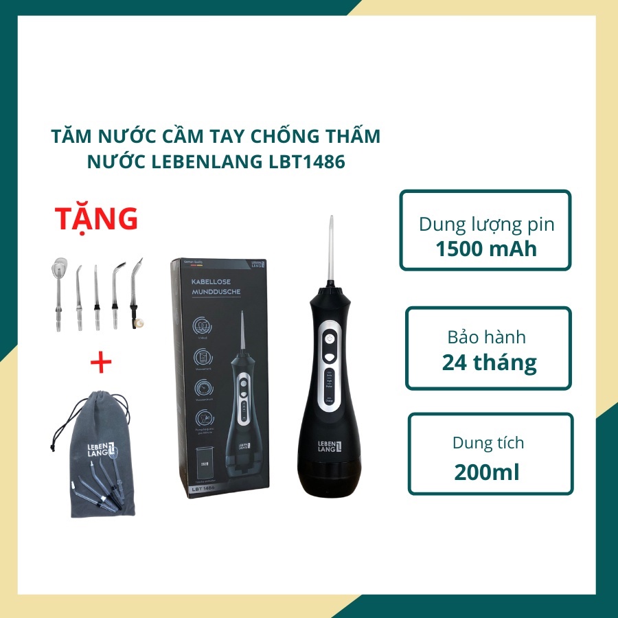 Máy tăm nước LEBENLANG cầm tay LBT1486 chống thấm nước, tặng kèm đầu xịt và túi vải đựng máy cao cấp - hàng chính hãng