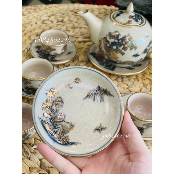 Bộ ấm chén men rạn vẽ cảnh vẽ vàng Bát Tràng- Bộ trà cao cấp