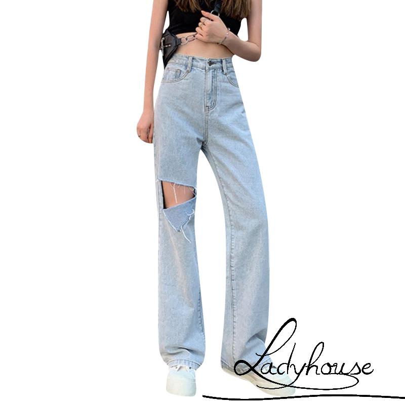 Quần Jean Dài Ống Rộng Lưng Cao Màu Sắc Trơn Thời Trang Cho Nữ