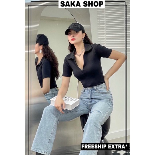 Áo croptop nữ cổ sơ mi dây kéo khoá phía trước