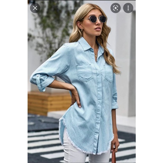 Áo sơ mi denim tay dài VNXK áo blouse jean giấy màu xanh sáng xuất khẩu dư xịn