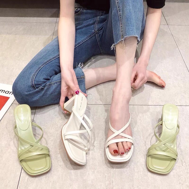 Guốc Dây Đan Cao Gót 7P 2 Màu Đen Kem Mã G4