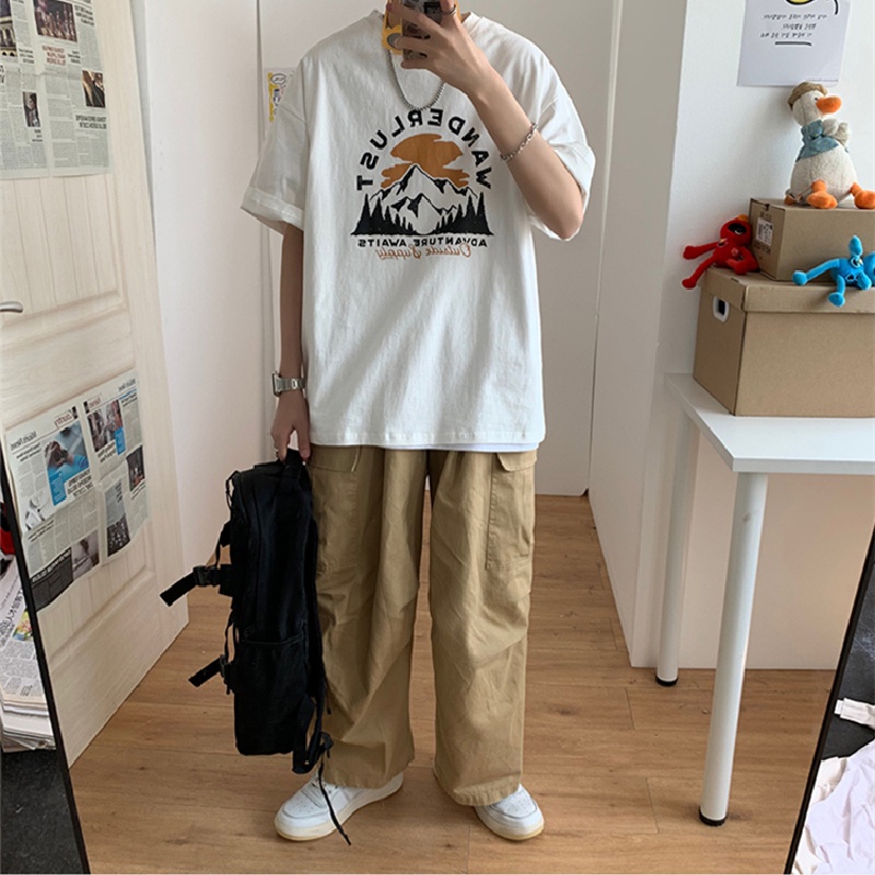 Áo thun tay ngắn cổ tròn dáng rộng in họa tiết graffiti phong cách Hàn Quốc thời trang cho nam size lớn S-8XL