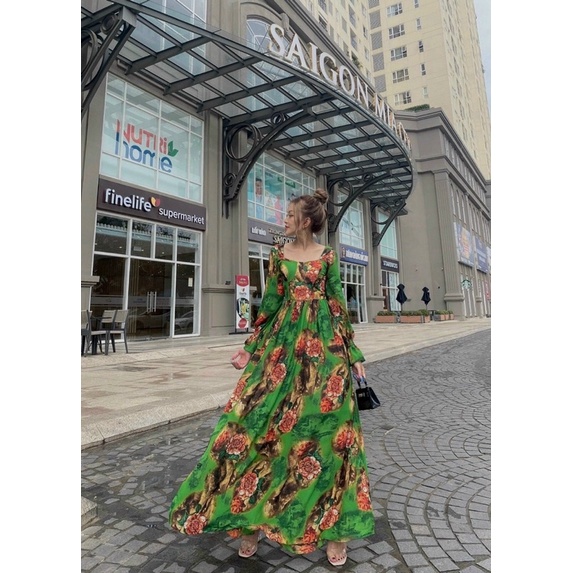 Đầm maxi lụa hoa tay dài đi biển siêu xinh TRIPBLE T DRESS - size M/L - MS72V
