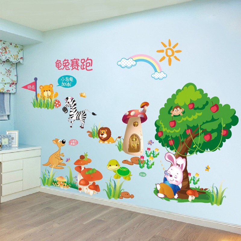 Combo 2 tranh Decal dán tường cho bé cô bé quàng khăn đỏ và thỏ ngồi gốc cây.