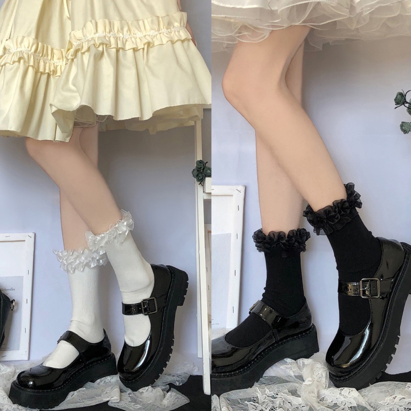 Vớ Cotton Nhún Bèo Màu Sắc Ngọt Ngào Phong Cách Harajuku Nhật Bản Cho Nữ