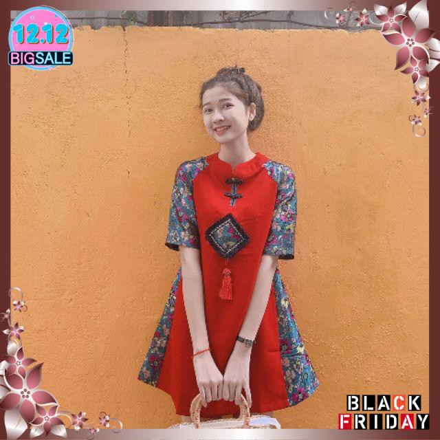 Áo dài cách tân phong cách, đầm đỏ sườn xám phối gấm hoa cao cấp | BigBuy360 - bigbuy360.vn
