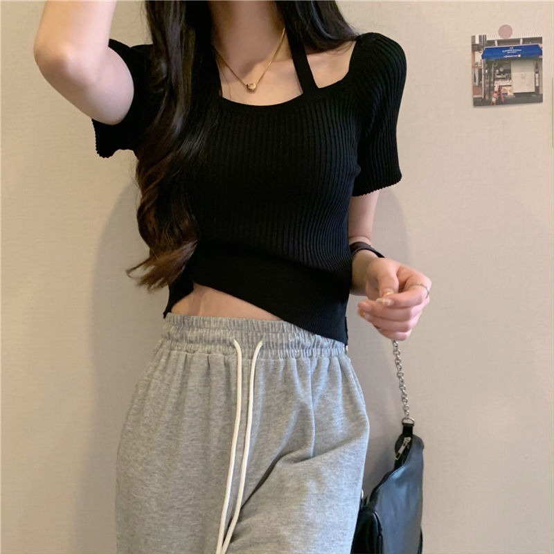 Áo Thun Dệt Kim Ngắn Tay Dây Đan Chéo Lưng Thời Trang