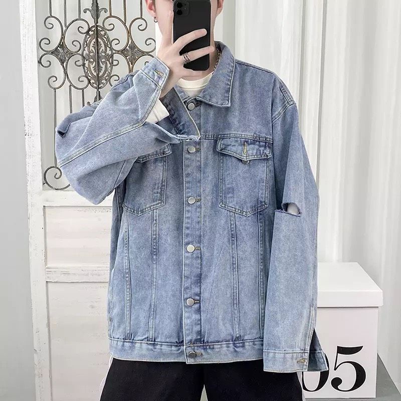 Áo Khoác Jeans Nam Nữ Denim Jacket hàn quốc trơn rách tay màu xanh