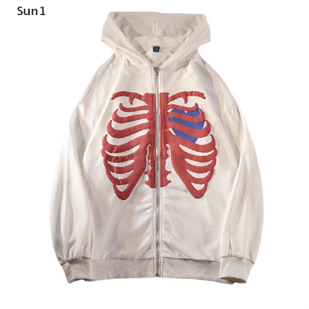 Áo Khoác Hoodie Phối Khóa Kéo In Hình Xương Anime Cá Tính Cho Nam Và Nữ