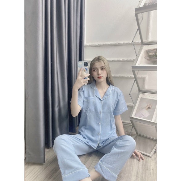 Bộ pijama chất đũi xốp mặc nhà mẫu trơn áo cộc quần dài