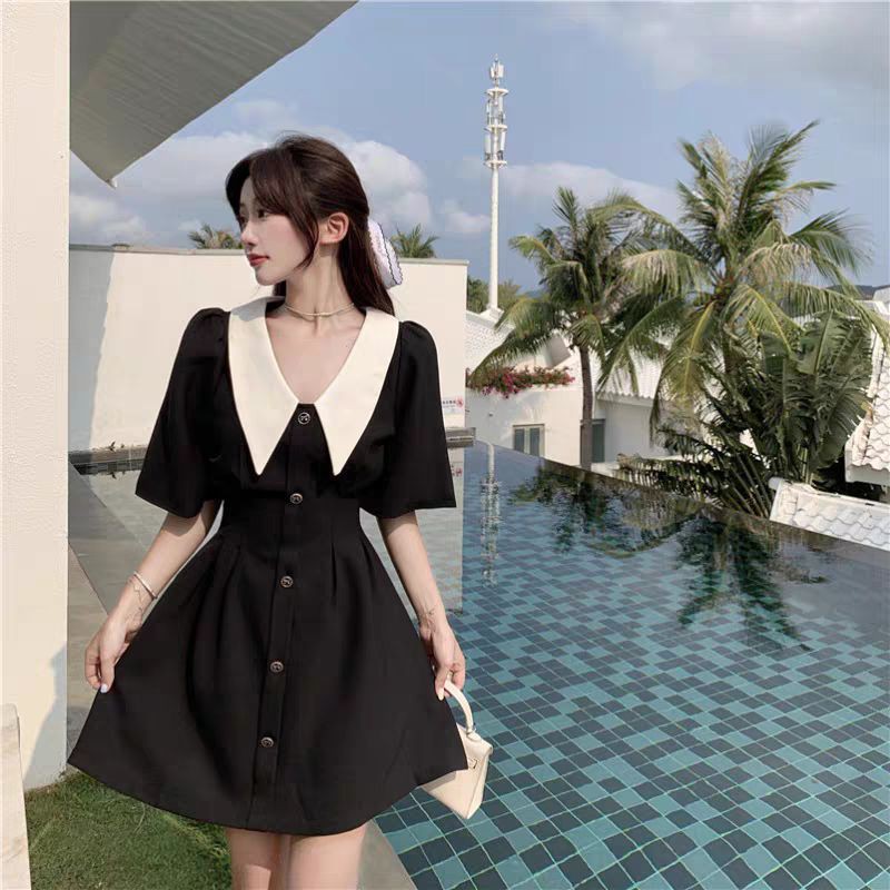 HÀNG MỚI | ĐẦM XOÈ CHIẾT EO CỔ PETER PHỐI NÚT
