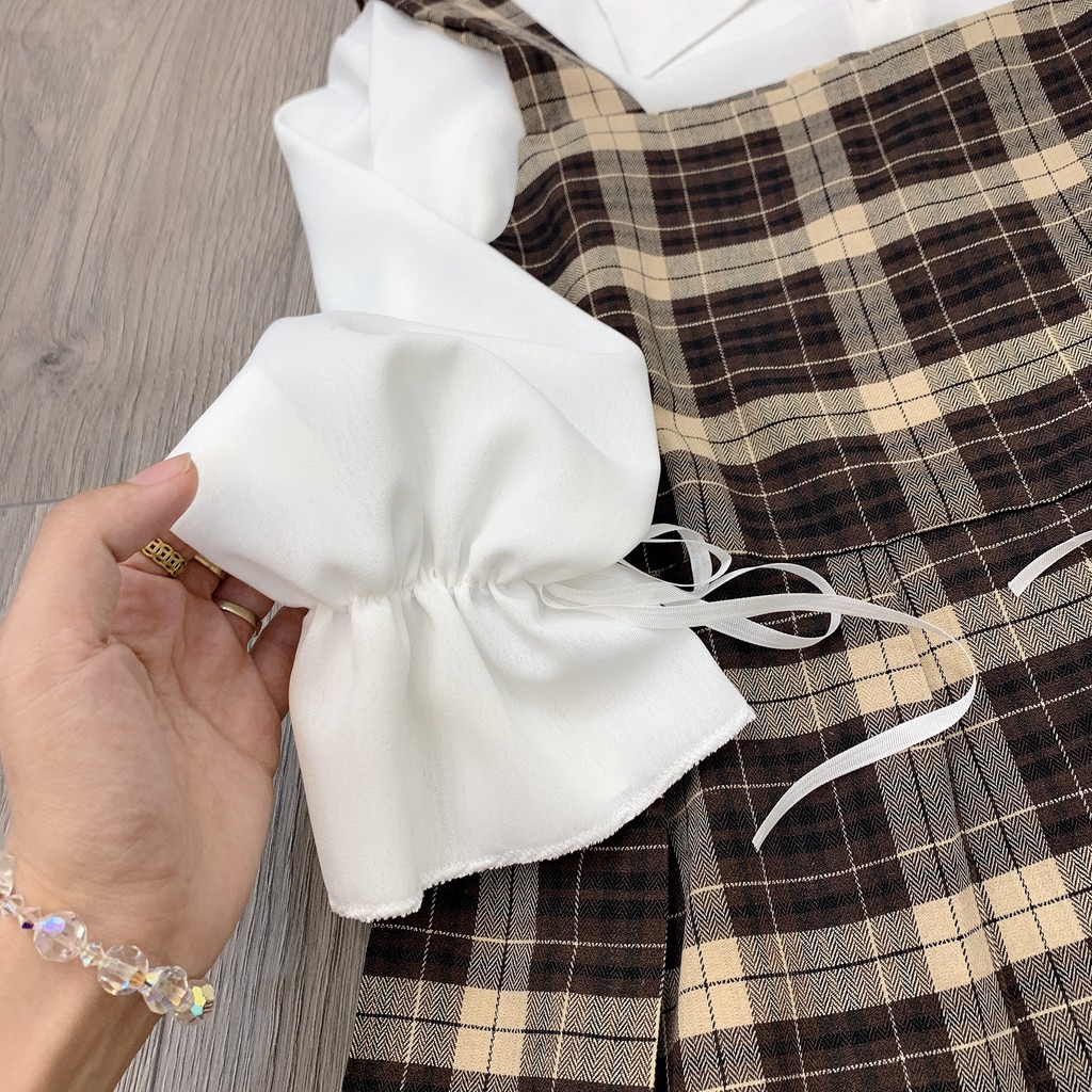 [Rẻ Vô Địch] Sét áo trắng mix yếm váy kẻ nâu cực hot Áo chất đũi qc cao cấp siêu mềm đẹp mát
