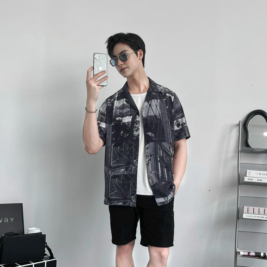 Áo sơ mi nam ROWAY vải lụa thoáng mát, form regular, Sơ mi họa tiết summer