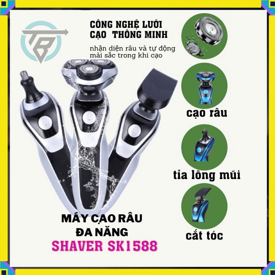 Máy cạo râu đa năng SHAVER SK1588 3 lưỡi mạnh mẽ, cạo râu, tỉa lông mũi, chống nước IPX7 (Bảo hành 12 tháng)