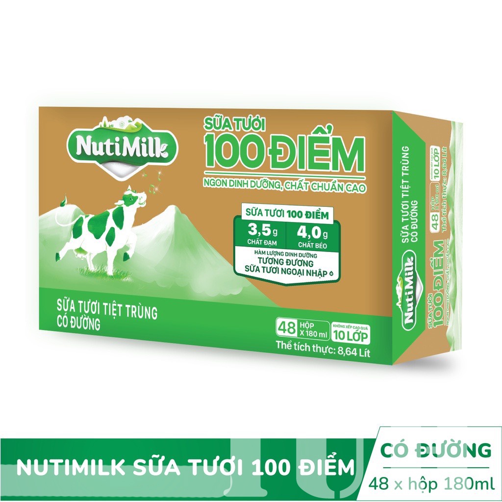 Thùng 48 Bịch NutiMilk Sữa tươi 100 điểm có đường 220ml/bịch-TUH