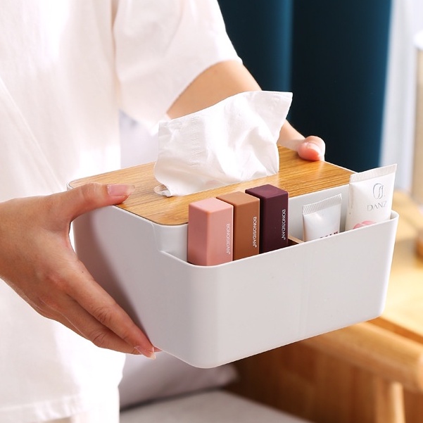 Hộp đựng khăn giấy nắp gỗ san trọng, có ngăn đựng vật dụng tiện lợi - Elliver
