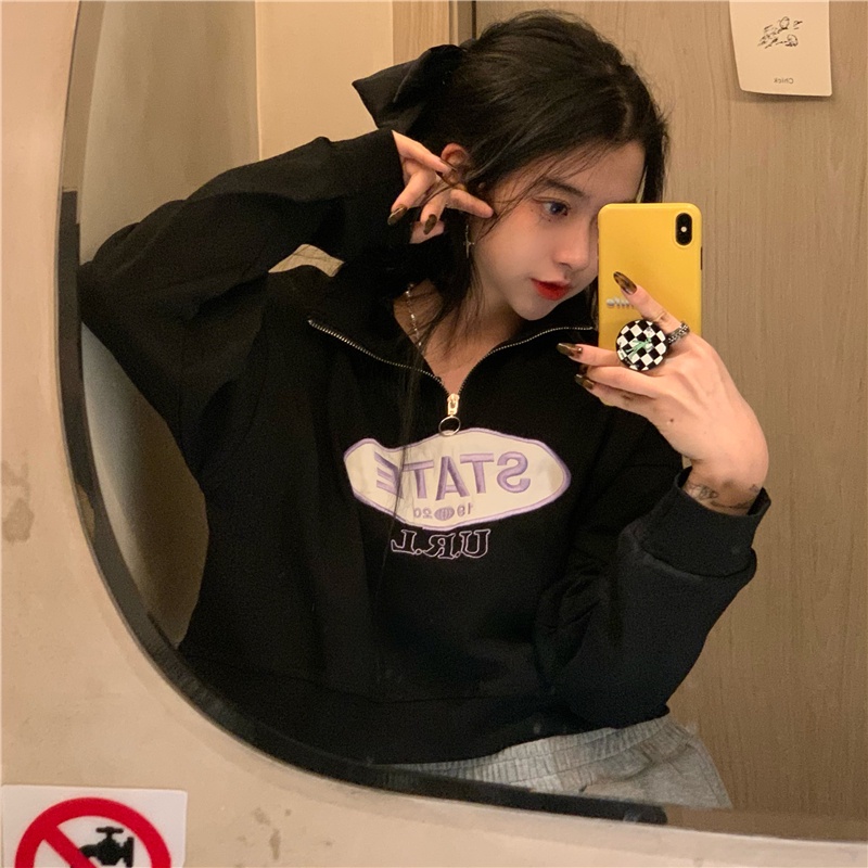 SUXI Áo Nỉ Tay Dài Cổ Đứng Thêu Chữ Thời Trang Mùa Thu Cho Nữ