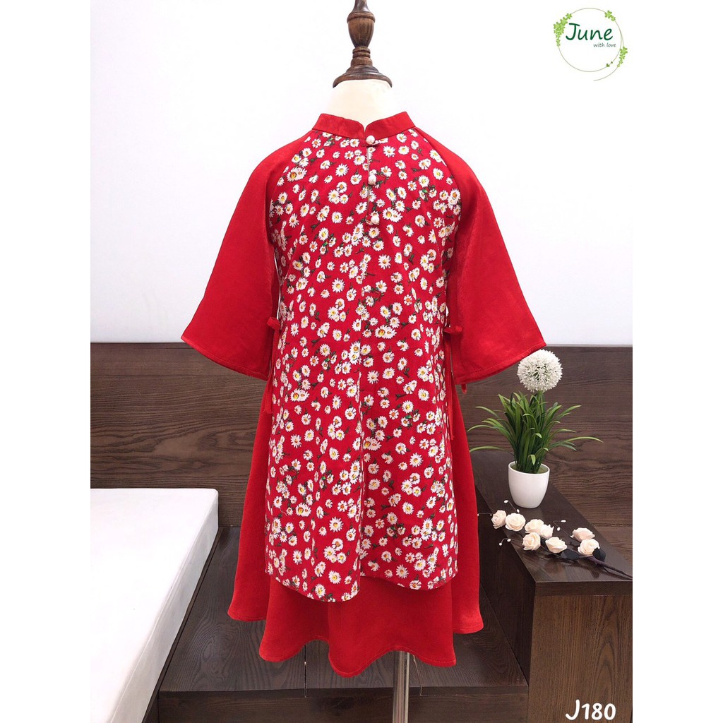 Set áo dài hoa nhí đỏ cho bé