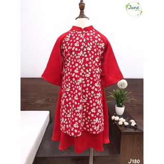 Set áo dài hoa nhí đỏ cho bé