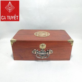 HỘP ĐỰNG TRANG SỨC, HỘP ĐỰNG CON DẤU CÔNG TY GỖ HƯƠNG MẶT GIÁP CHỮ THỌ VÀNG CÓ QUAI XÁCH BẰNG ĐỒNG( LOẠI ĐẠI 26CM)