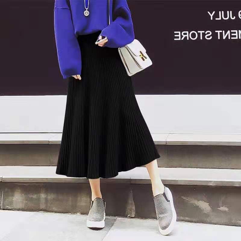 Chân Váy Dệt Kim Xếp Ly Lưng Cao Phong Cách Hàn Quốc Mới