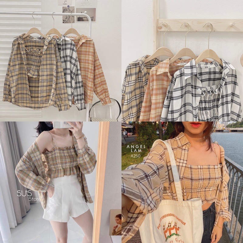 Set 2 áo kẻ caro : áo crop nhún 2 dây + áo sơmi form rộng tay dài