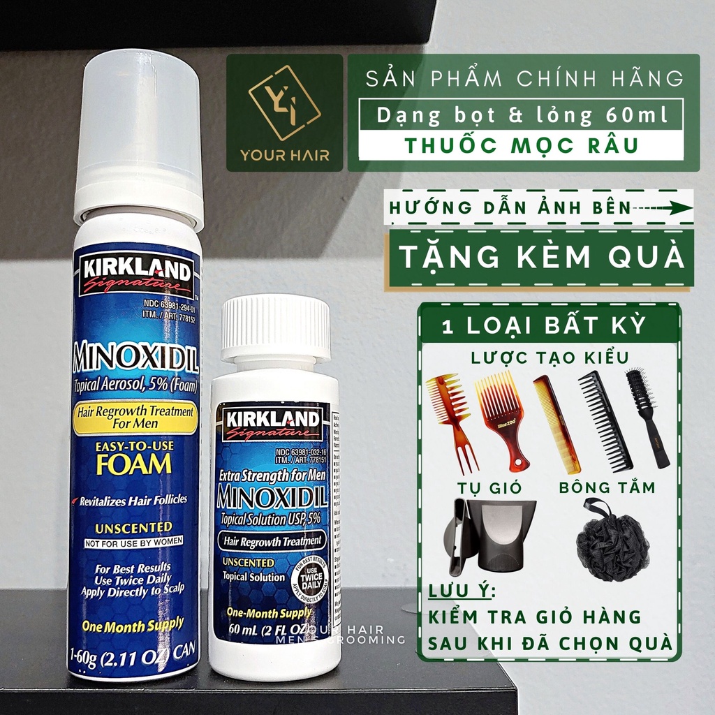 Dung dịch hỗ trợ mọc râu &amp; tóc Kirkland Minoxidil 5% - 60ml | Dạng lỏng và Dạng bọt