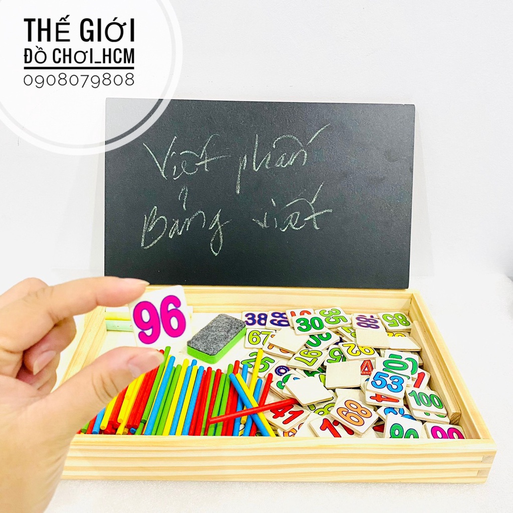 [VỪA HỌC- VỪA CHƠI] Bộ que tính học toán bằng gỗ có kèm thẻ số, bảng viết đen, phấn và đồ bôi thông minh giúp bé học tập