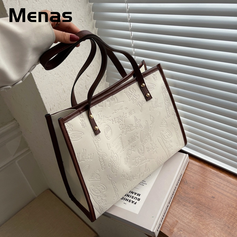 Menas Túi tote Đeo Vai Bằng Da PU Màu Trơn Đơn Giản Sức Chứa Lớn Dễ Phối Đồ Thời Trang Mới Cho Học Sinh