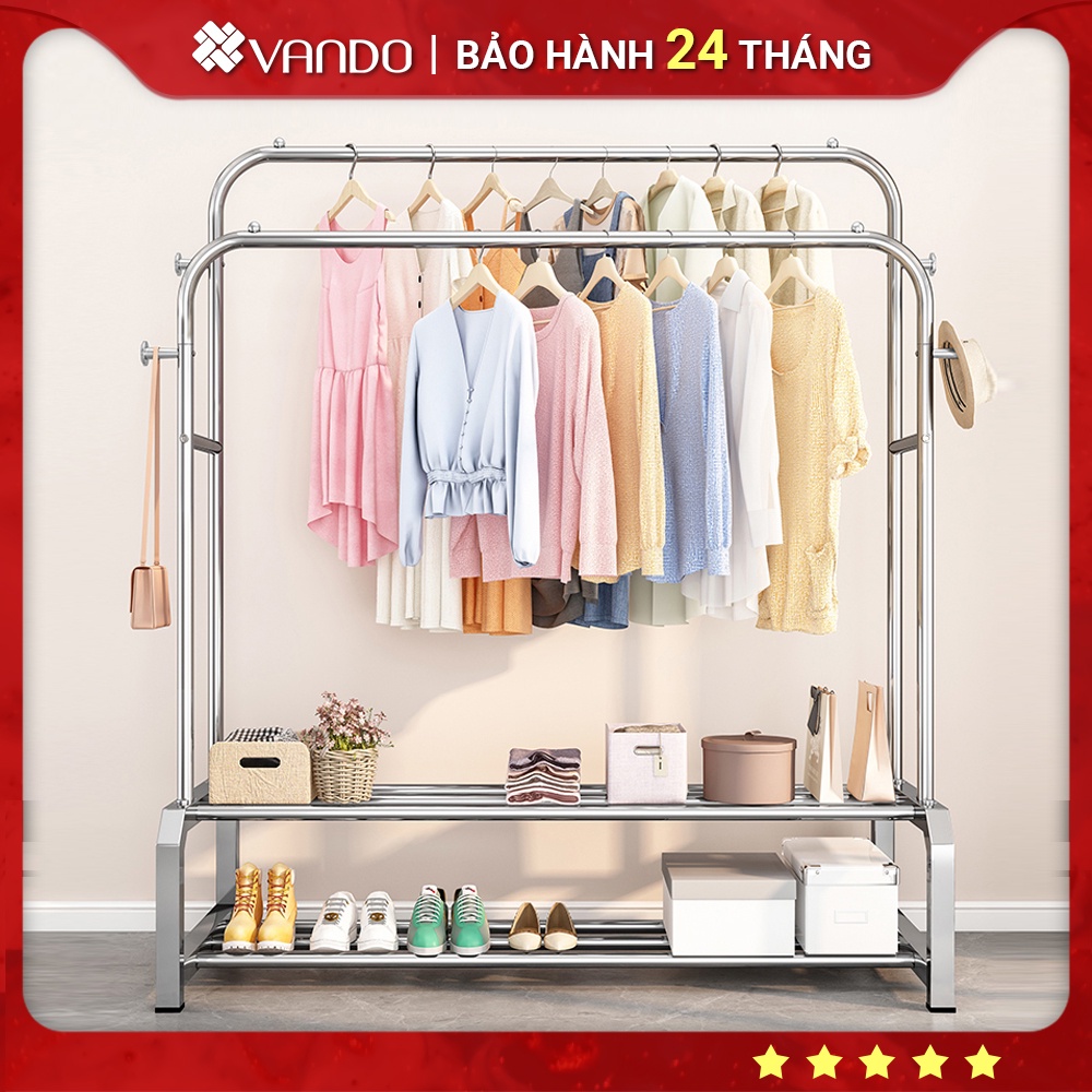 Giá Kệ Treo Quần Áo Inox Vando, Kệ Để Đò Giá Phơi Quần Áo Tiện Lơi Kèm Các Tầng Để Giày Dép