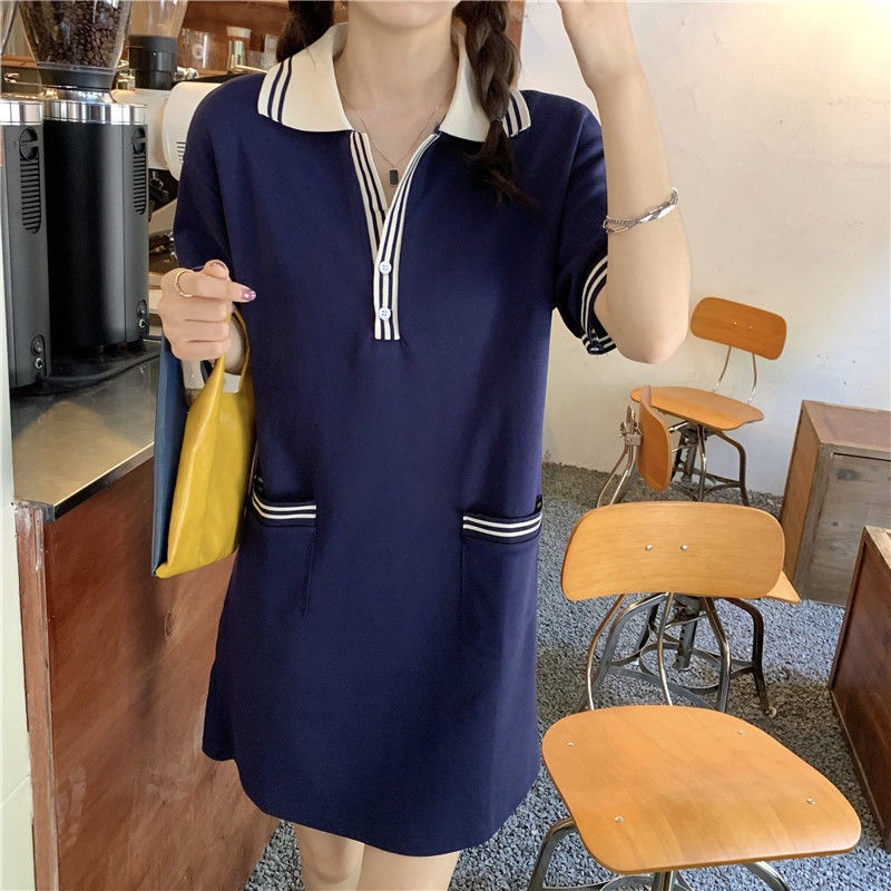 Đầm Thun Thể Thao Tay Ngắn Cổ Polo Phong Cách Hàn Quốc Mới