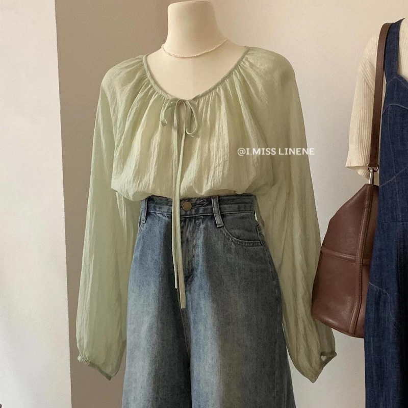 Áo Kiểu Tay Dài Cổ Tròn Cột Dây Xếp Ly Màu Trơn Thời Trang Mùa Thu 2022 Dành Cho Nữ