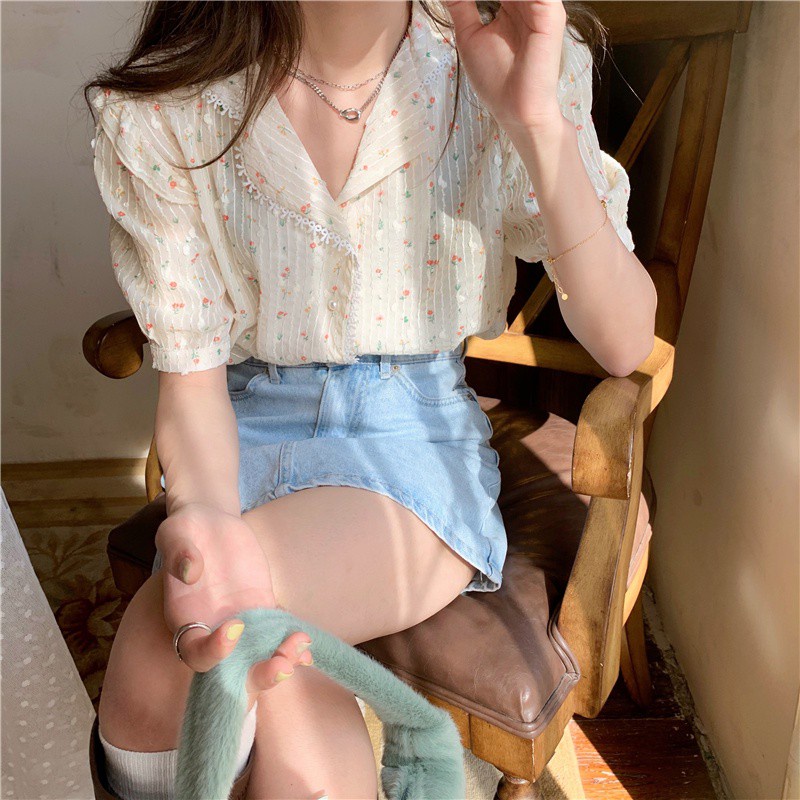 Áo sơ mi phối ren hoa ngắn tay phong cách ngọt ngào mới 43916 | BigBuy360 - bigbuy360.vn