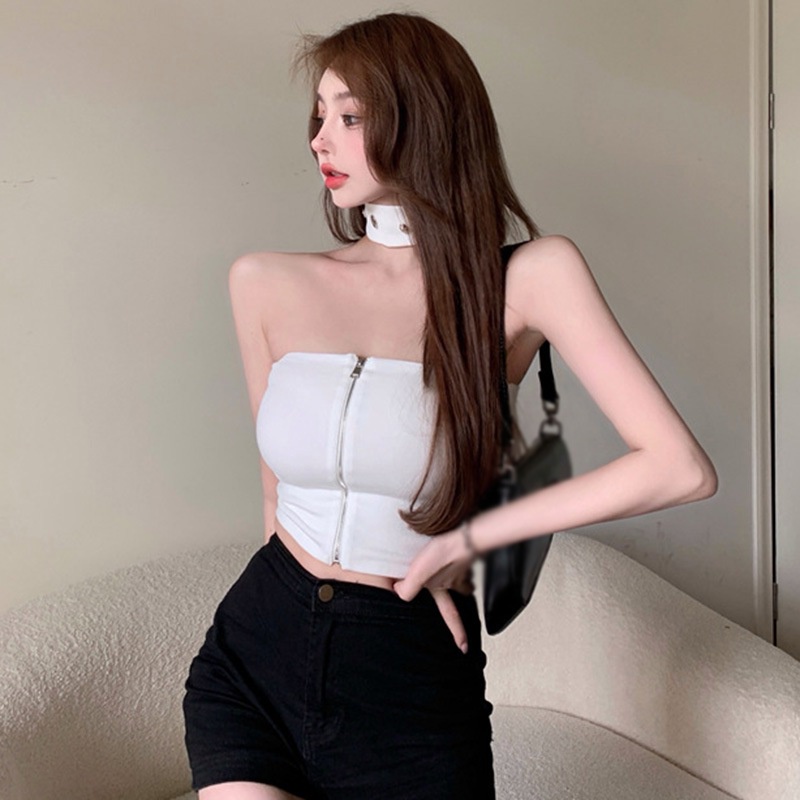 Áo Croptop Hai Dây Màu Trơn Phối Khóa Kéo Thời Trang Hàn Quốc Cho Nữ