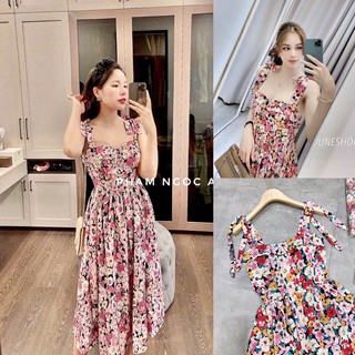 Đầm Maxi hoa hai dây buộc nơ hàng đẹp chất mềm⚡️Ảnh thật