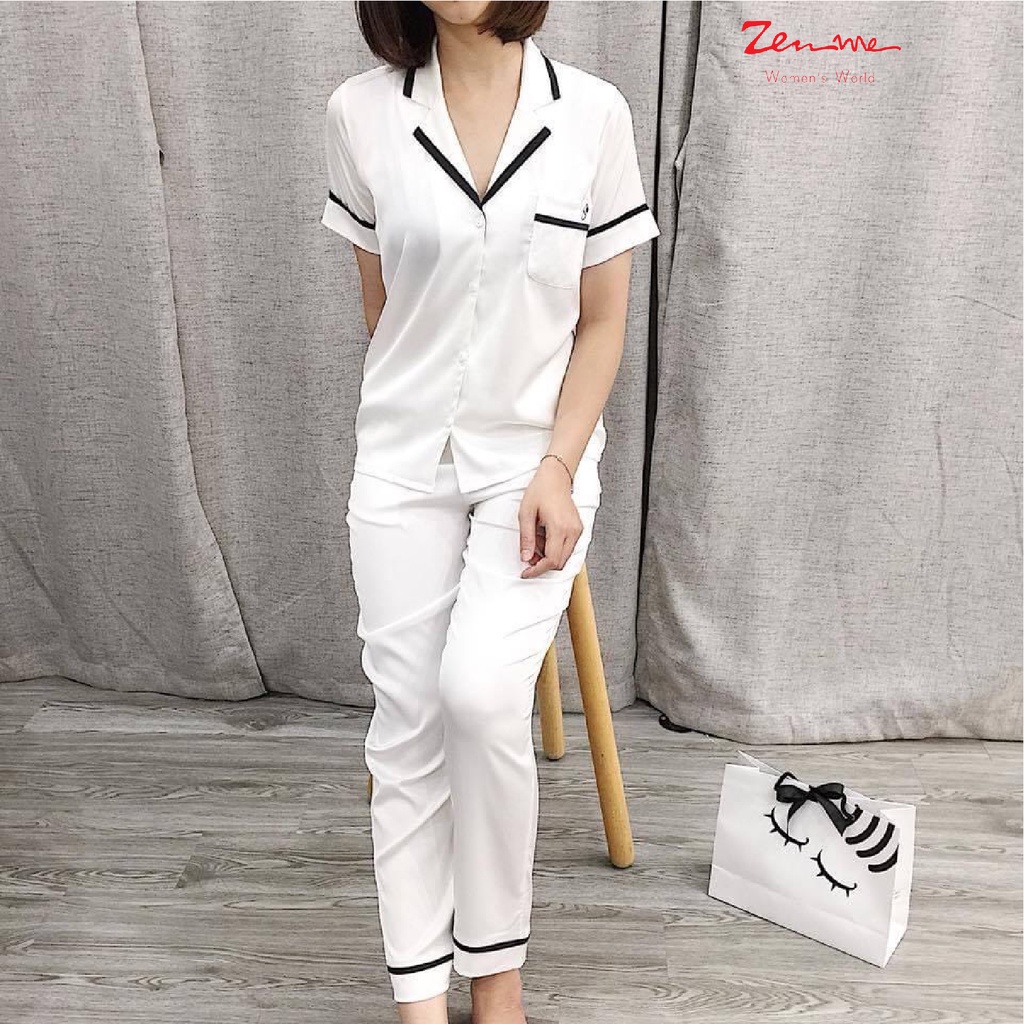 Đồ bộ mặc nhà pijama nữ Zen Me tay cộc quần dài chất liệu Lụa latin cao cấp phối viền trẻ trung | BigBuy360 - bigbuy360.vn