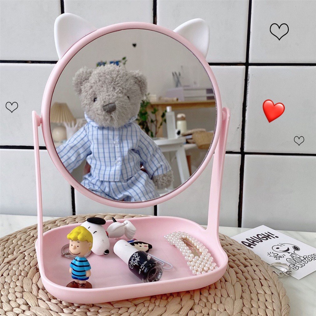 Gương để bàn trang điểm tai mèo nhỏ URI DECOR gương Soi 2 Mặt