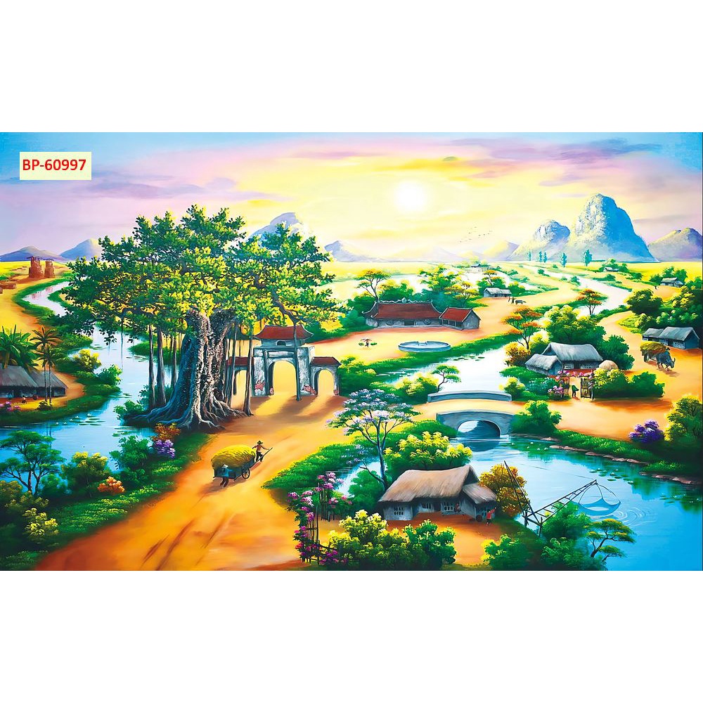 Tranh Làng Quê Việt Nam Thời Xa Xưa nhiều kích thước, làm theo yêu cầu, không giời hạn kích thước