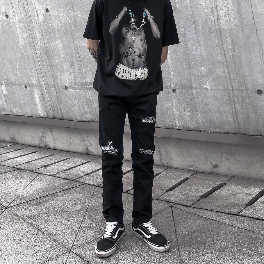 Quần Jeans Rách gối Bandana phong cách đường phố, Quần bò nam phong cách Streetwear