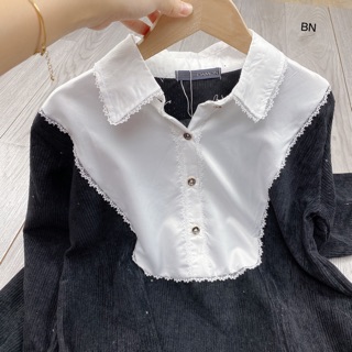 Váy Nhung Tăm Cổ Sơ Mi Ren