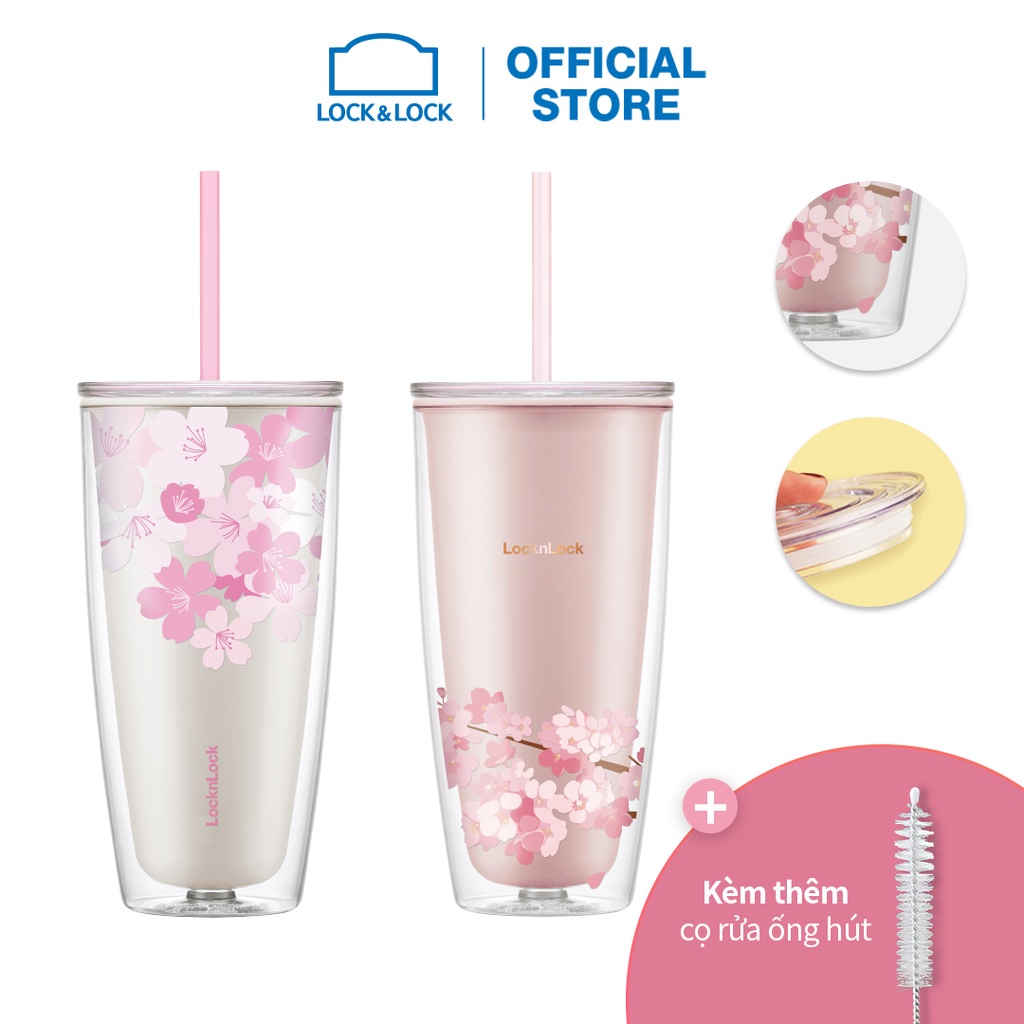 Ly nhựa 2 lớp Cherry Blossom kèm ống hút Lock&Lock 750ML – hồng HAP509PIK