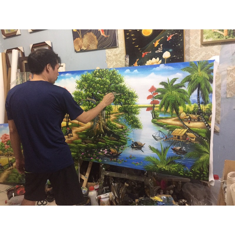 Tranh sơn dầu( tranh vẽ tay ) mẫu phong cảnh đồng quê việt nam sai lớn.