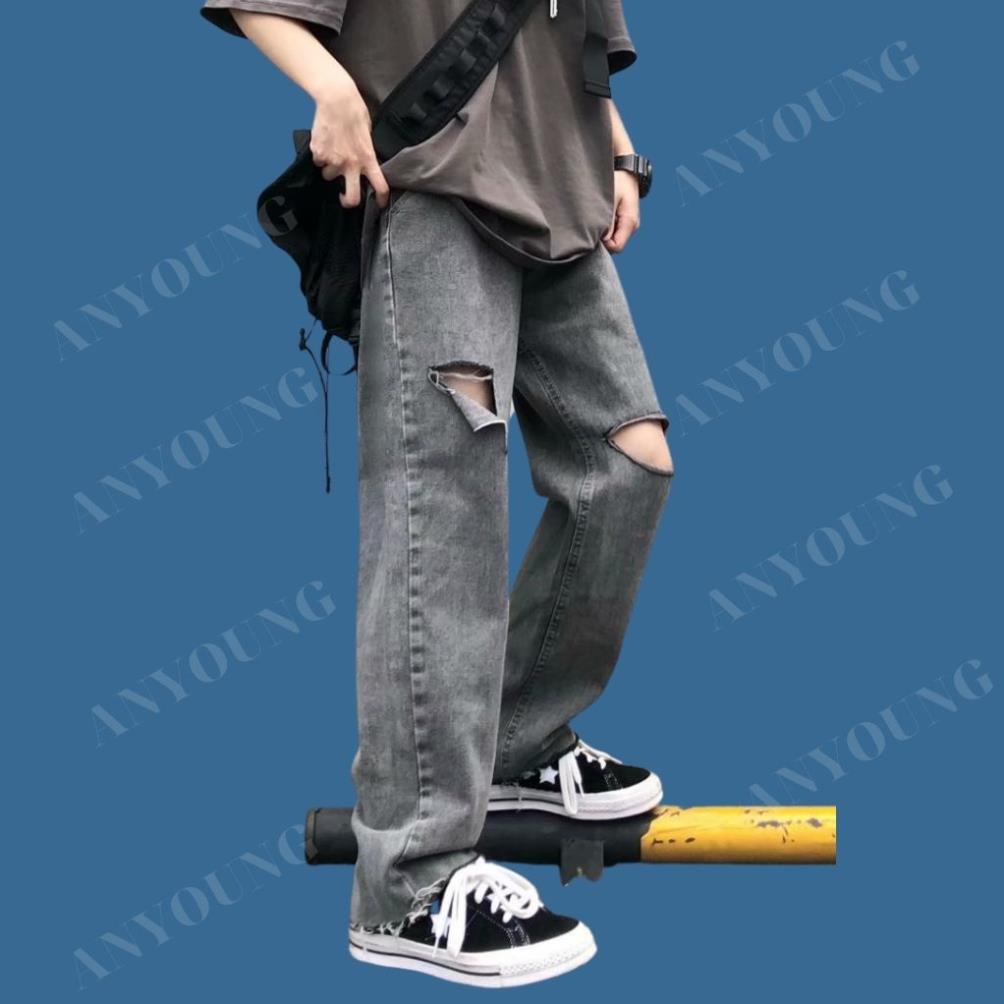 Quần Jean dáng suông ANYOUNG ống rộng , quần bò trơn form rộng nam dễ phối đồ QD19 *